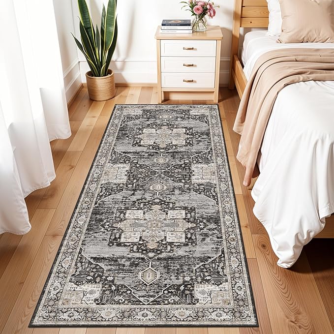 3x7 Washable Entryway Rug Runner - Vintage Non Slip Stain Resistant Runners Ultra-Thin Soft Carpets for Kitchen Hallway Bedroom Laundry Room Distressed Indoor Home Decor Mat 3X7 Black