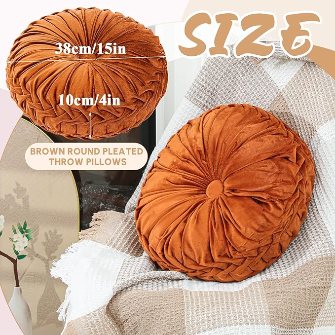 Drydiet 1 Pcs Round Throw Velvet Pillows Decorative Pleated Throw Pillows 15'' Diameter Accent Pumpkin Boho Chair Cushion for Couch Sofa Home Decoration (Brunt Orange)