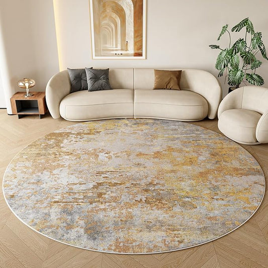 Beige Gold Round Rugs 6ft Washable Circle Area Rug for Entryway Kitchen, Non Slip Soft Low Pile Stain Resistant, Boho Circular Carpet for Living Room Bedroom Dorm Dining Room Table, Abstract