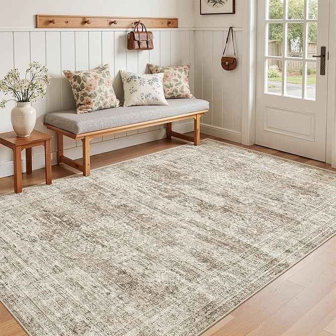 Soalmost Area Rugs 4x6 for Living Room, Vintage Washable Rugs for Dining Room, Kitchen, Non-Slip Area Rug Brown
