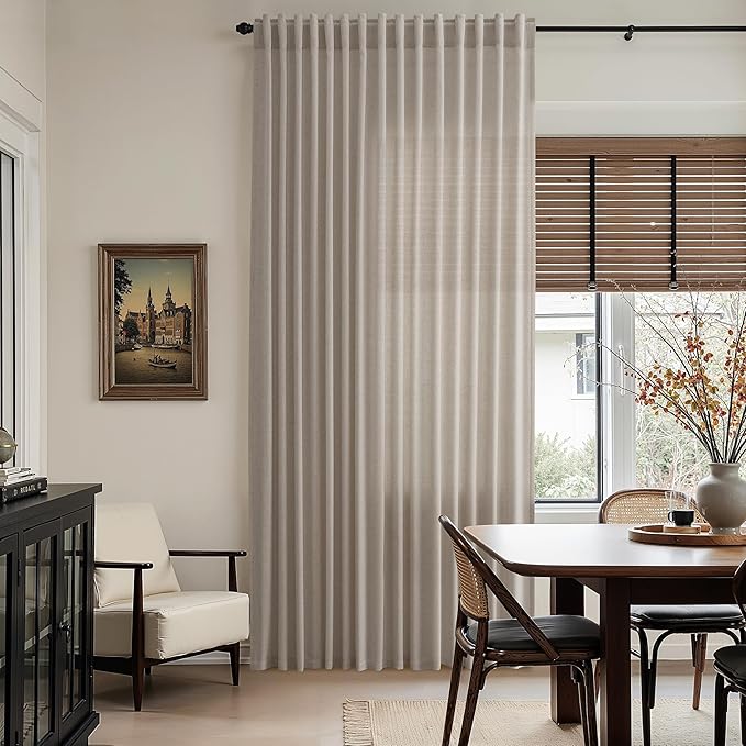 Ecru Linen Curtains 132 Inch Length for Living Room Light Filtering Semi Sheer Curtain Back Tab Rustic Farmhouse Decor Burlap Elegant Drapes Floor to Ceiling High Window for Bedroom 52x132, 2 Panels