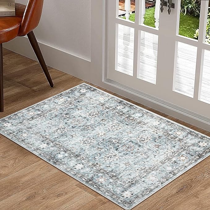 GarveeHome Door Mat 2x3 Small Washable Rugs for Entryway, Low Pile Non Slip Vintage Floral Area Rug, Stain & Fade Resistant, Distressed Oriental Soft Carpet for Home Decor, Grey and Blue