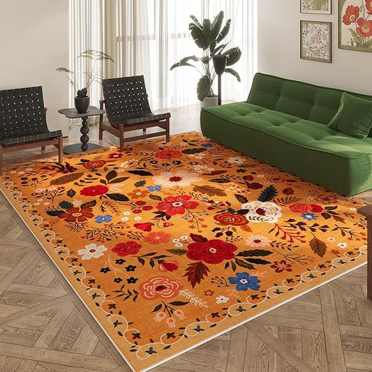 Rugcomf Area Rugs 8x10 Rug for Living Room Clearance Washable Boho Area Rug Non Slip Floral Vintage Low Pile Large Rug for Living Room, Bedroom, Farmhouse, Dining Room, Kids Playroom(Yellow)