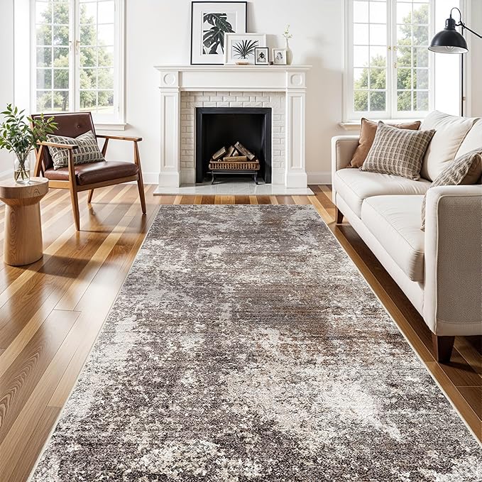 4x10 ft Extra Wide Hallway Rug – Non-Slip Washable Large Carpet Runner for Kitchen, Indoor Entryway, Modern Abstract Low-Pile Thin Floor Mat for Bedroom, Living Room, Dining Room (Brown Beige,4x10)