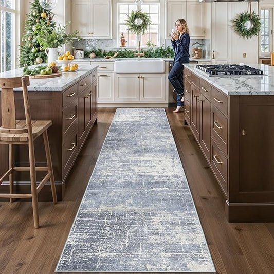 Washable 12ft Hallway Runner Rug: Non-Slip 2'6x12 Kitchen Rugs Low-Pile Entryway Rug Runner Abstract Soft Bedroom Floor Mat Farmhouse Carpet for Bathroom Living Room Dining Room(2'6x12,Blue/Ivory)