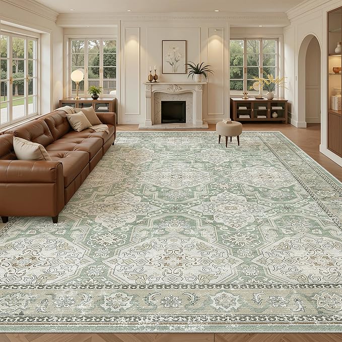 Soalmost 10x14 Area Rugs for Living Room, Non Slip Machine Washable Vintage Rugs, Low Pile Lightweight Large Rug for Bedroom, Dining Room, Home Office Green/Brown