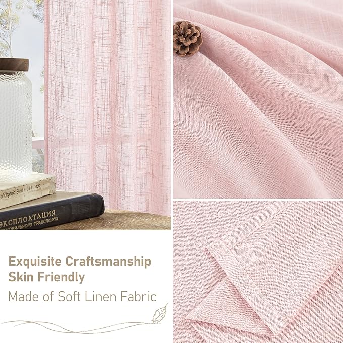 LAMIT Pink Linen Curtains 45 Inch Length 2 Panels, Light Filtering Panels Back Tab and Rod Pocket Country Decor Drapes for Kitchen/Window/Loft Room/Bedroom, 34 x 45 Inch