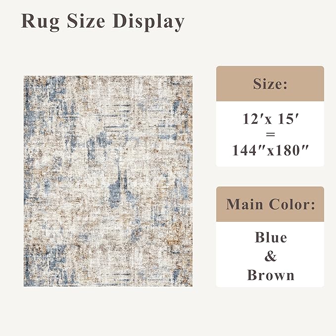 12x15 Area Rug for Living Room – Large Modern Neutral Abstract Thin Washable Carpet, Soft Low Pile Non-Slip Stain-Resistant for Bedroom Dining Room Home Office（Blue Brown）