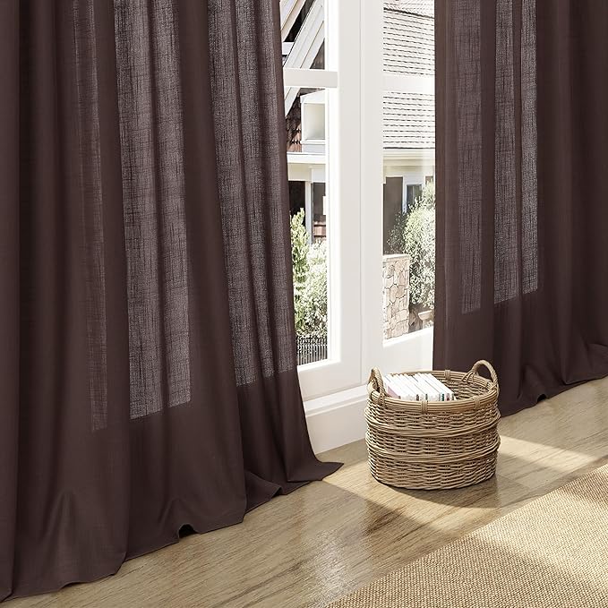 Nanspring Coffee Linen Curtains for Living Room Back Tab Light Filtering Privacy Semi Sheer Drapes Modern Farmhouse Decor Linen Textured Gauze Curtain for Bathroom Bedroom 2 Panels Set 52x72
