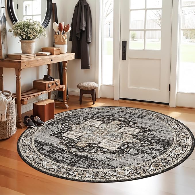 RUUGME Round Area Rug: Machine Washable Stain Resistant 5 Round Rug for Living Room,Bedroom Non Slip Low Pile Carpets for Dining Room Ultra Thin Soft Home Decor Floor Mat 5ft Black