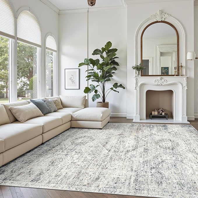 Soalmost Washable Area Rug 8x10, Large Soft Rugs for Living Room Vintage 8x10 Area Rugs for Bedroom Dining Room Non-Slip Stain Resistant Under Table Blue Ivory Rug