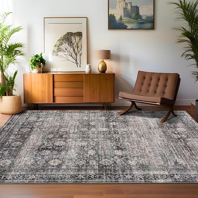 GarveeHome Area Rugs 8x10 Large Vintage Printed Accent with Non-Slip Backing, Stain-Resistant Oriental Living Room Rugs, Washable Farmhouse Low Pile Rugs for Bedroom, Office, Green Camel