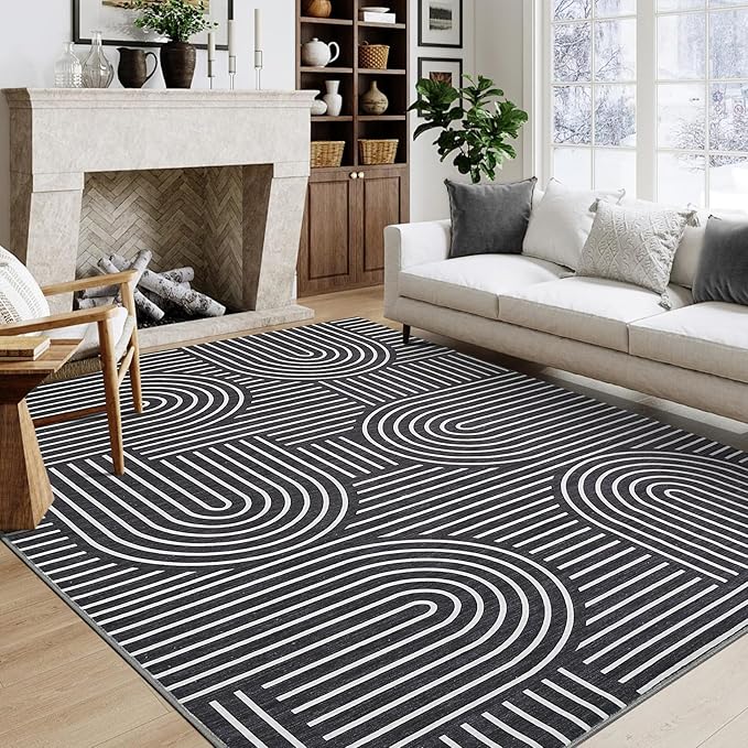ROYHOME Washable Rug 5x7 Area Rugs for Living Room, Abstract Rug for Bedroom, Soft Rainbow Non Slip Throw Rugs with Rubber Back, Low Pile Stain Resistant Boho Geometric Carpet for Dining Room, Black