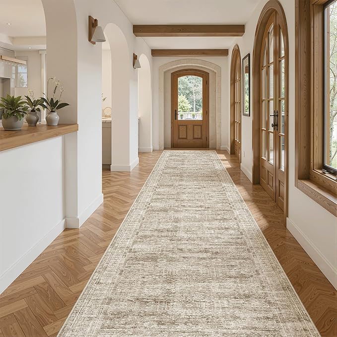 Soalmost Hallway Runner Rug 3x16 - Vintage Non Slip Washable 16ft Kitchen Runner for Entrance Soft Long Carpet Runners for Living Room Bedroom Dining Room, Brown