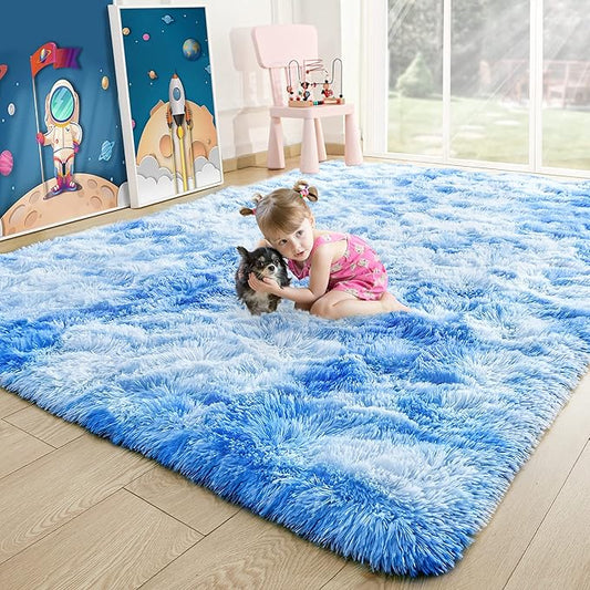 Noahas 4x6 Fluffy Kids Rugs for Room,Soft Blue Tie-Dyed Rainbow Rug for Girls Bedroom,Soft Colorful Playroom Shag Nursery Carpets Room Decor