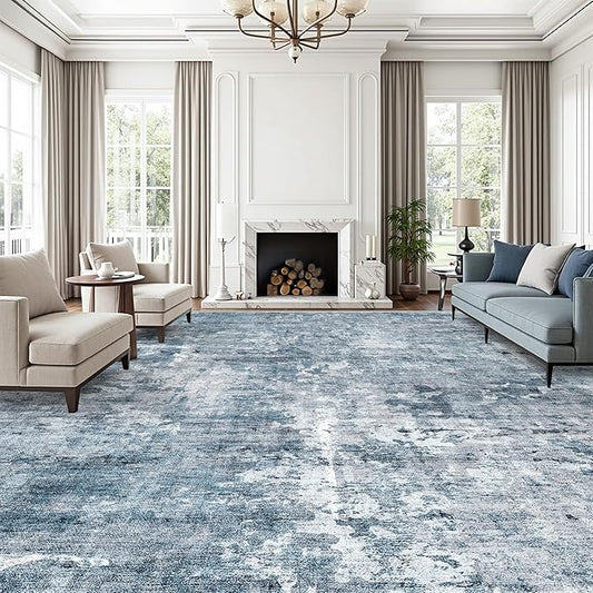 Soalmost 12x15 Washable Area Rug Blue/Grey Neutral Abstract Living Room Large Carpet Non Slip Bedroom Indoor Office Dining Room Low Pile Thin Rug