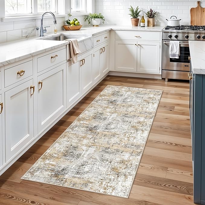 2x6 Washable Non-Slip Hallway Runner Rug – Modern Abstract Soft Carpet Runner for Kitchen, Bedroom with Rubber Backing – Low-Pile Thin Stain-Resistant Rug for Laundry Room, Entryway (Gold Grey)