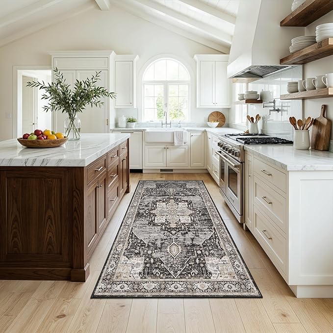 Washable 4x7 Area Rug for Entryway: Vintage Distressed Rugs with Non Slip Backing Low Pile Soft Indoor Carpet for Living Room/Kitchen/Bedroom Stain Resistant Decor Mat for High-Traffic Areas 4x7 Black