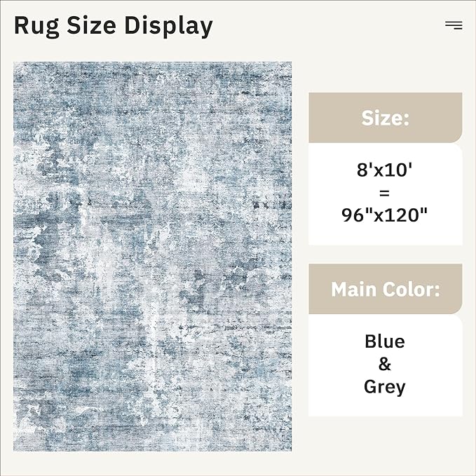 Soalmost Abstract Rug 8x10 Large Living Room Rugs Neutral Modern Washable Area Rugs for Bedroom Dining Room Non-Slip Stain Resistant Foldable Thin Blue