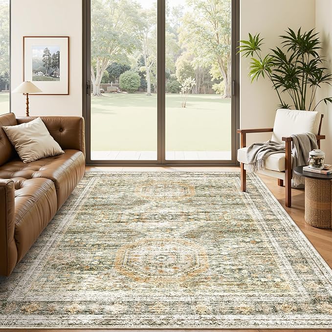Soalmost 5x7 Area Rugs Green Orange Low Pile Indoor Washable Trendy Faded Style Rugs for Bedroom Living Room Dining Room Foldable Non-Slip Thin Print Mat