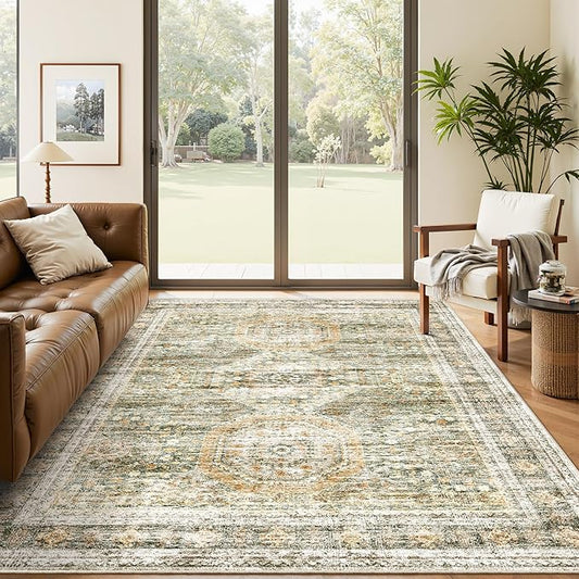 Soalmost 5x7 Area Rugs Green Orange Low Pile Indoor Washable Trendy Faded Style Rugs for Bedroom Living Room Dining Room Foldable Non-Slip Thin Print Mat