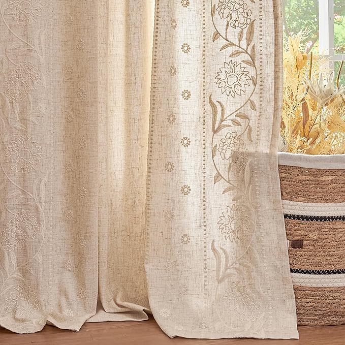 jinchan Winslow Lined Linen Curtains for Bedroom 84 Inches Linen Blended Embroidered Bordered Floral Curtains for Living Room Farmhouse Decor Window Treatments Ivory on Beige Drapes 2 Panels