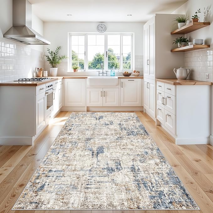 4x12 Wide Hallway Runner Rug – Non-Slip Washable Rubber-Backed Large Carpet Runner for Kitchen, Entryway, Bathroom, Modern Abstract Low-Pile Thin Floor Mat for Living Room, Dining Room (Blue/Brown)
