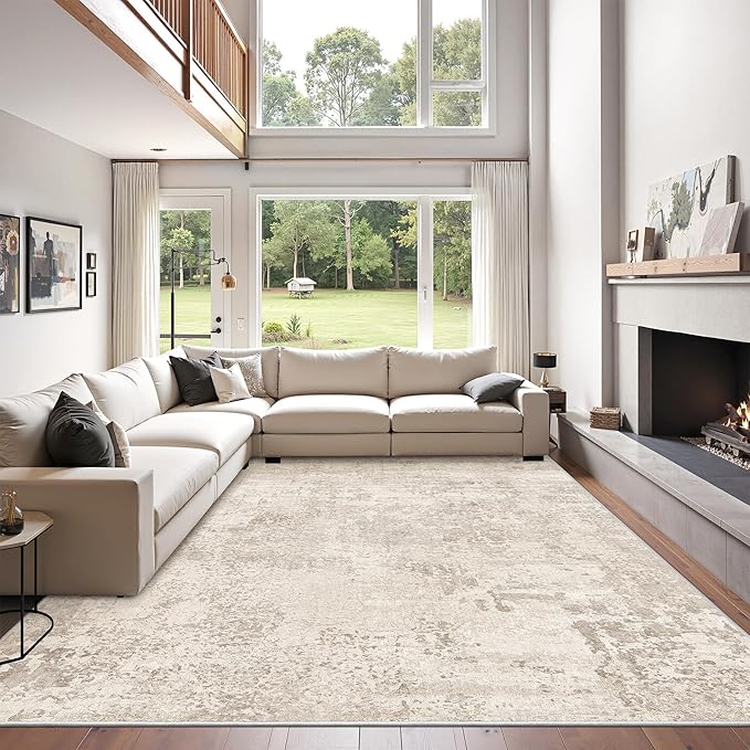 Art&Tuft Washable Rugs 5x7, Abstract Area Rugs for Living Room - Non Slip and Low Pile Soft Thin 5x7 Rug for Bedroom, Dining Room, Kitchen, Office, Beige