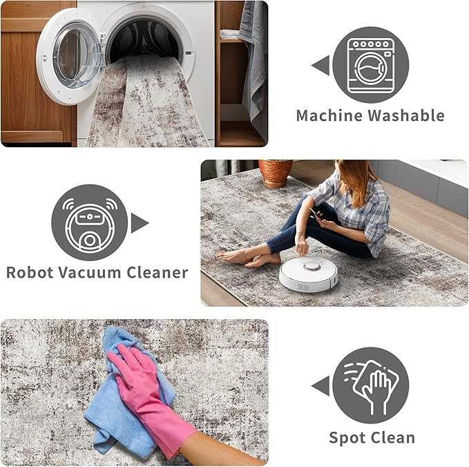 2x5 Washable Runner Rug for Hallway: Non Slip Entryway Runners Rugs Easy-to-Clean - Soft Living Room Bedroom Carpet - Thin Low Pile Floor Mat - Pinkish Beige Brown