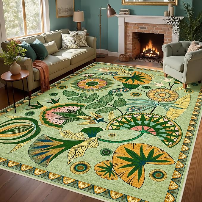 Joydeco Egypt Floral Area Rugs 9x12 Living Room, Large Sage Green Washable Carpet for Bedroom Playroom, Boho Vintage Non Slip Indoor Throw Rug for Dining Room Nursery Dorm Classroom, Green