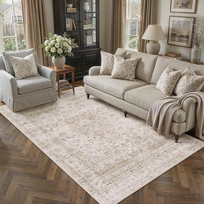 6x9 Washable Area Rug Beige Vintage Non Slip Soft Low Pile Rug for Living Room Bedroom Dining Room Office Distressed Oriental Indoor Throw Carpet for Home Decor