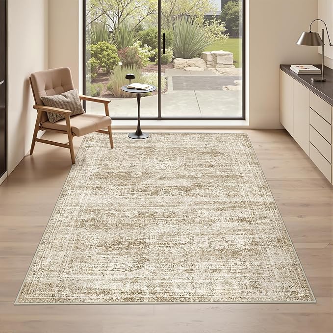 Area Rugs 4x6 for Living Room, Non-Slip Backing Small Kids Rugs for Bedroom, Vintage Abstract Rug Home Decor, Low Pile Soft Washable Rug for Kitchen, Dining Room(4'x6', Brown/Ivory)