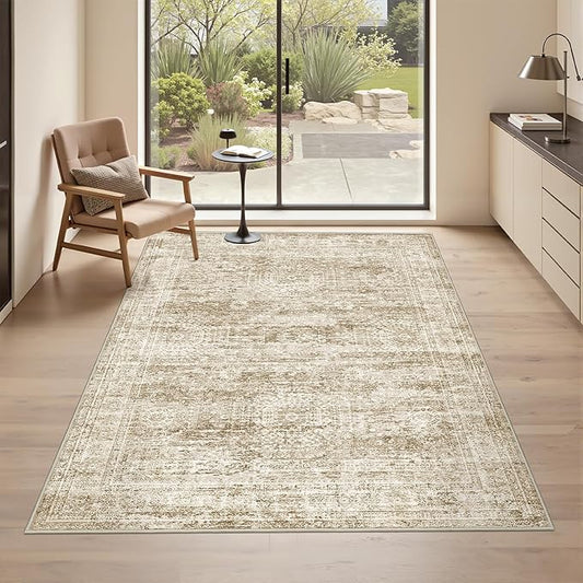 Area Rugs 4x6 for Living Room, Non-Slip Backing Small Kids Rugs for Bedroom, Vintage Abstract Rug Home Decor, Low Pile Soft Washable Rug for Kitchen, Dining Room(4'x6', Brown/Ivory)