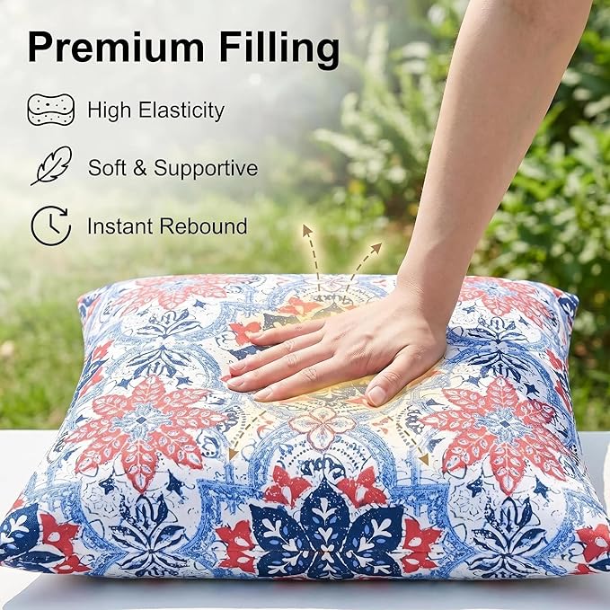 JMGBird Water-Resistant Outdoor Pillows Set of 2, 18x18 inch Durable White with Red Mandala Flower Throw Pillows with Inserts for Patio Furniture
