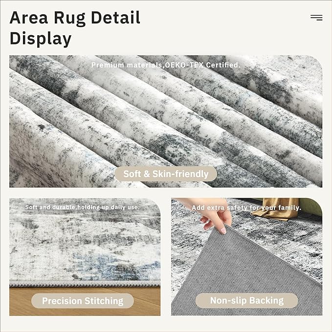 Soalmost 6x9 Abstract Area Rugs for Living Room 6 x 9 Washable Non Slip Low Pile Gray Rugs for Bedroom Dining Room Foldable Thin Gray Blue