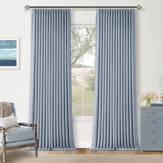 Blue Linen Blackout Pleated 86 Inch Curtains for Living Room Darkening Pinch Pleat 100% Black Out Drapes Thermal Insulated Soundproof Modern Coastal Light Dusty Blue 86 Inch Curtain for Baby Bedroom
