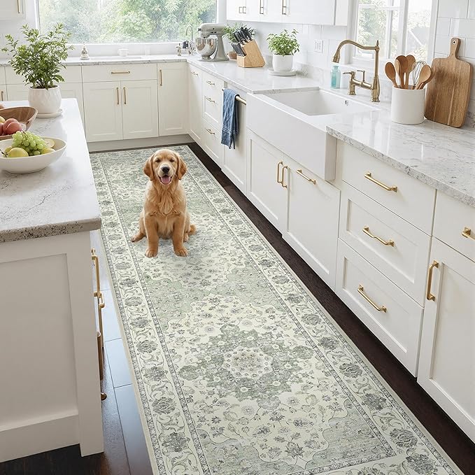 3x10 Non Slip Hallway Runner Rug - Washable Vintage Distressed Kitchen Carpet, Ultra-Thin Soft Low Pile Entryway Mat with Rubber Backing for Bedroom Living Room (Green)