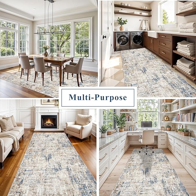 4x12 Wide Hallway Runner Rug – Non-Slip Washable Rubber-Backed Large Carpet Runner for Kitchen, Entryway, Bathroom, Modern Abstract Low-Pile Thin Floor Mat for Living Room, Dining Room (Blue/Brown)