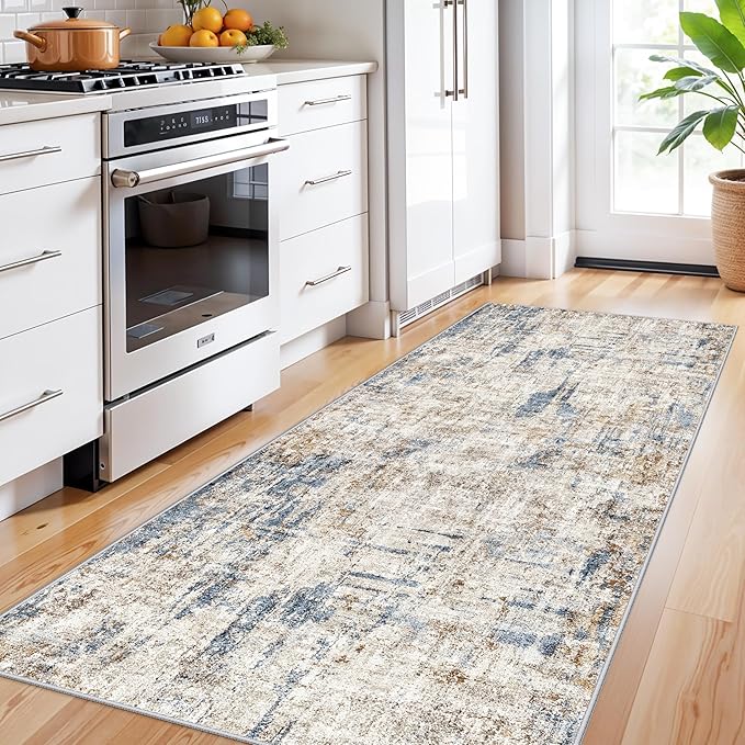 3x8 Washable Non-Slip Runner Rug – Modern Abstract Neutral Wide Carpet Runner for Kitchen, Hallway, Entryway, Bathroom, Bedroom – Low-Pile Thin Floor Mat with Rubber Backing (Blue Brown)