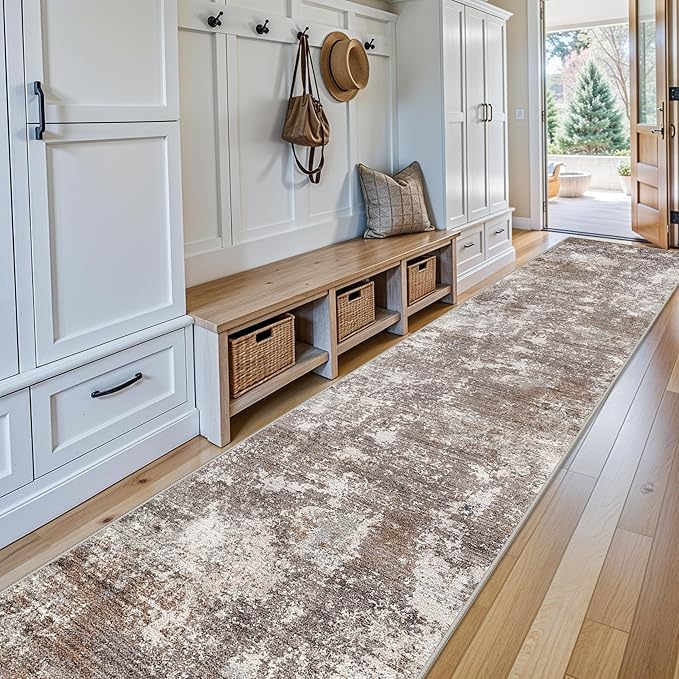 3x15 Ft Long Hallway Runner Rug – Non-Slip Washable Wide Kitchen Runner | Modern Abstract Floor Carpet for Indoor Entryway, Bedroom, Living Room (Brown Beige,3x15)