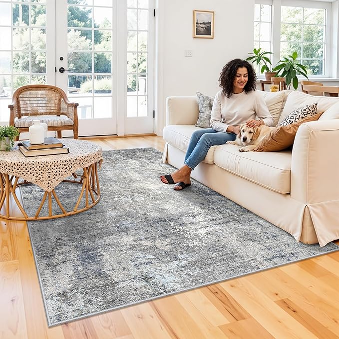 5x8 Washable Rug Living Room - Non-Slip Modern Abstract Neutral Indoor Rug for Bedroom Kitchen Dining Room - Low Pile Soft Carpet（Blue Grey,5x8）
