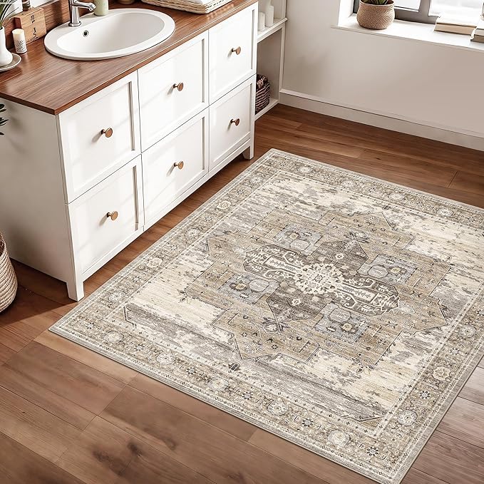 RUUGME Soft 3x3 Rug Living Room - Throw Rugs for Bedroom Stain Resistant Carpet Vintage Tribal Rugs for Married Woman in Bedroom Kitchen with Non Slip Backing Home Decor 3x3 Beige