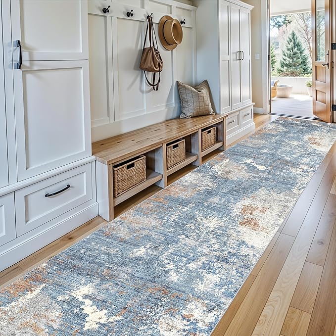 3x20 ft Extra Long Hallway Runner Rug - Non-Slip Washable Floor Runner with Rubber Backing, Modern Low Pile Thin Wide Carpet for Entryway, Kitchen, Living Room (Blue Rust, 3x20)