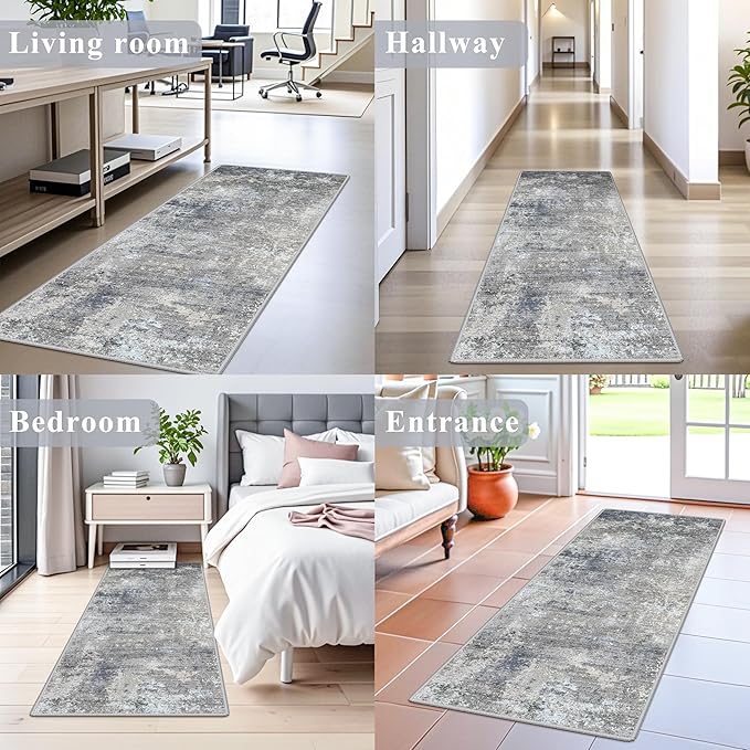 2x5 Rug Runner Non-Slip Washable– Modern Neutral Abstract Kitchen Bathroom Hallway Bedroom Area Rug – Soft Thin Low-Pile Small Short Floor Mat (Blue Grey,2x5)