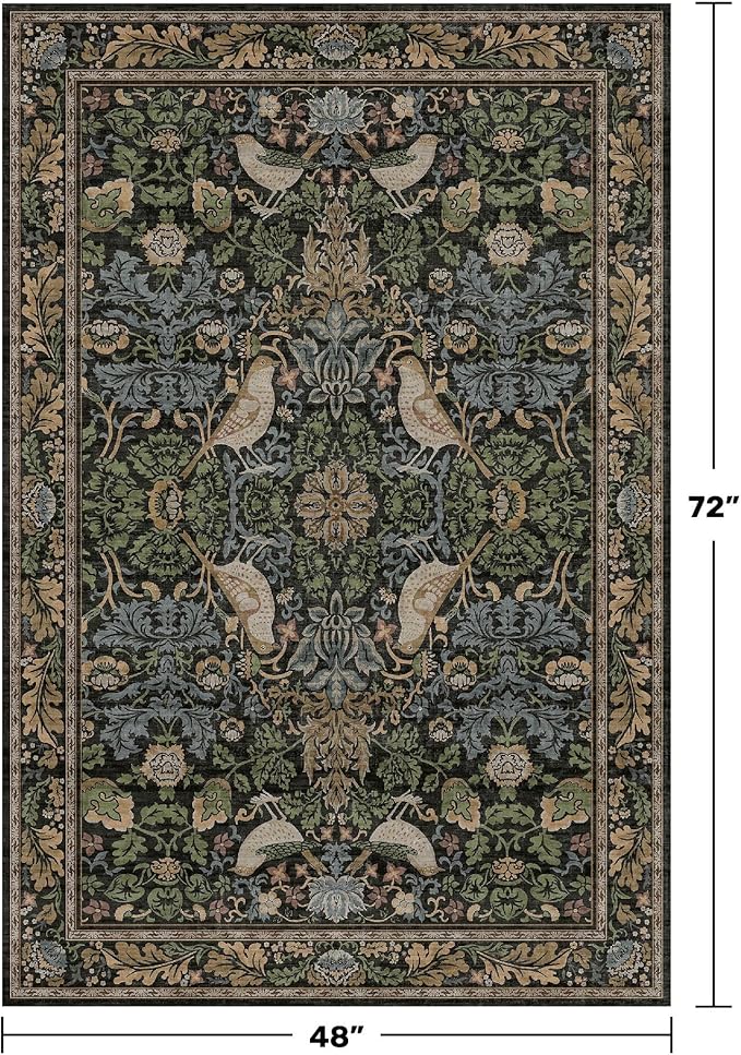 Washable 4x6 Area Rug for Living Room - Soft Moody Rug for Kitchen, Office, Large Entryway, Rustic Botanical Decor, Non-Slip Low Pile Dark Green and Brown Ultra Soft Bird Carpet