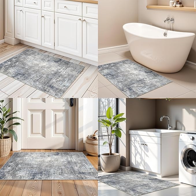 Kitchen Rug Set 3 Piece – Washable Non Slip Runner and Mat Set for Floor Entryway Bathroom Hallway – Soft Low Pile Modern Abstract Neutral Small Rugs (Blue Grey,2x3+2x4+2x5)
