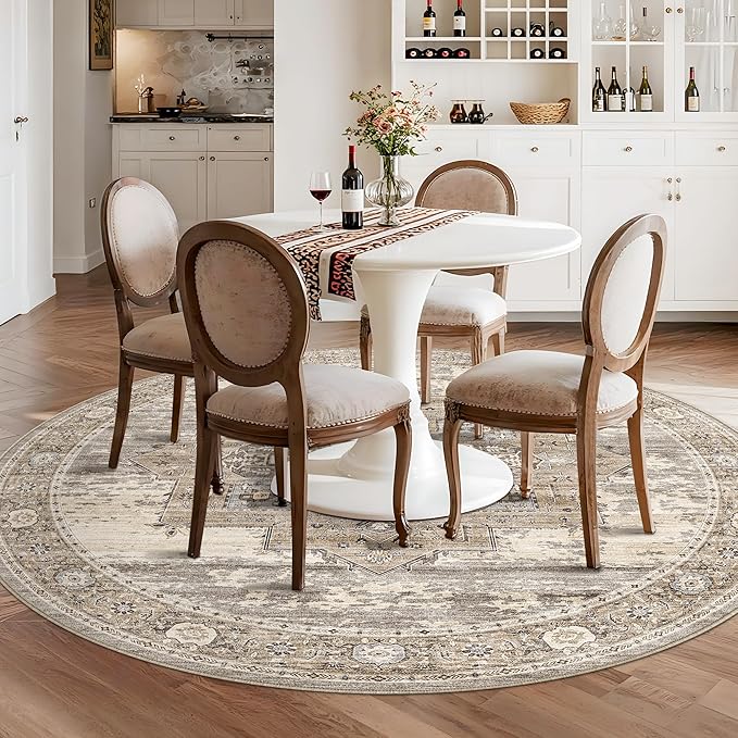 RUUGME Washable 7round Rug - Large Rugs for Living Room Low Pile Soft Rugs for Bedroom Kitchen Dining Room Oriental Stain Resistant Carpets with Non Slip Backing Home Decor Floor Mat 7round Beige