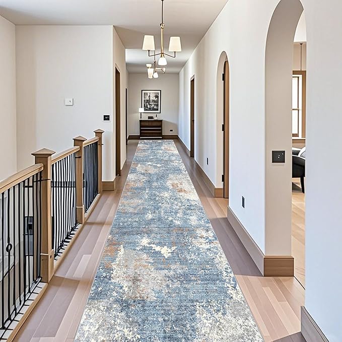 3x20 ft Extra Long Hallway Runner Rug - Non-Slip Washable Floor Runner with Rubber Backing, Modern Low Pile Thin Wide Carpet for Entryway, Kitchen, Living Room (Blue Rust, 3x20)