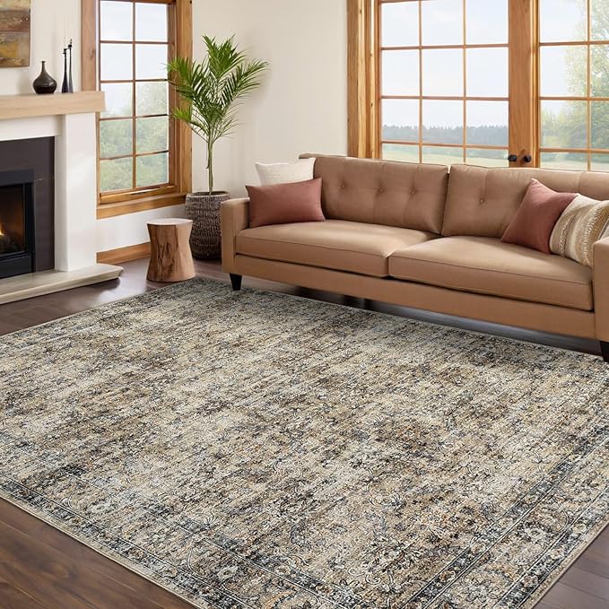 GarveeHome Vintage Rug 5x7 Floral Print Area Rug for Living Room Washable Non Slip Farmhouse Distressed Indoor Carpet Foldable Low Pile Soft Accent Throw Rug for Bedroom Home Nursery, Brown