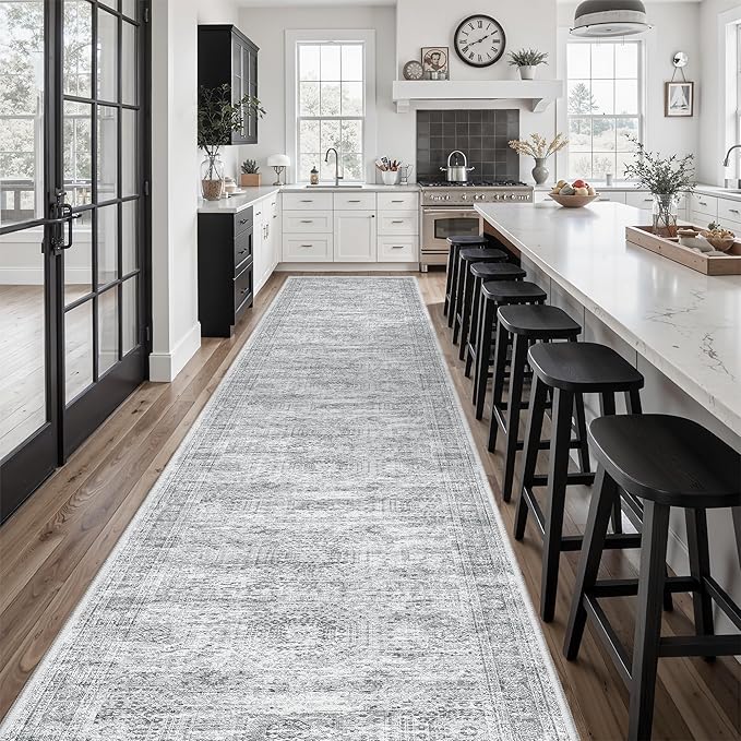 Soalmost Hallway Runner Rug 3x16 - Vintage Non Slip Washable 16ft Kitchen Runner for Entrance Soft Long Carpet Runners for Living Room Bedroom Dining Room, Grey